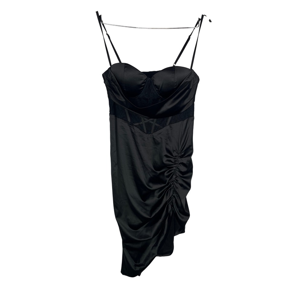 Parthea Y2K Gothic Black Satin Lace Corset Asymmetrical Ruched Mini Dress L